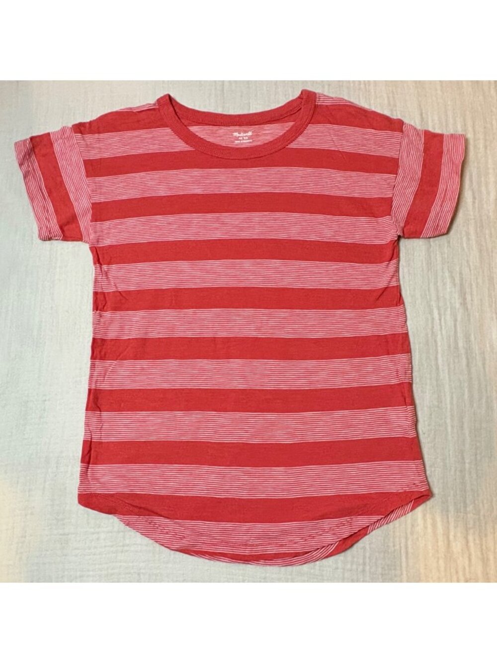 Madewell Womens Orange & White Striped T-Shirt XS Soft Cotton Blend Curved Hem